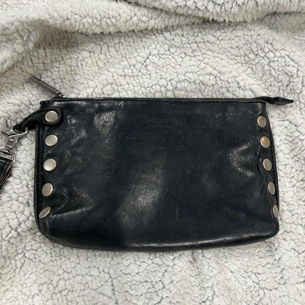 Hammitt Black Leather Clutch with Silver/gun metal accents